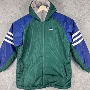 Vintage Adidas Reversible Jacket Mens XL Green Blue Puffer Fleece Lined Jacket.‎